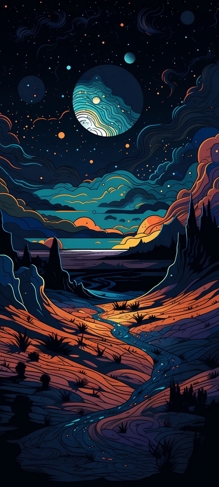 Swirling luminous moon hangs over a glowing blue river and jagged mountains under a starry orange and black sky.