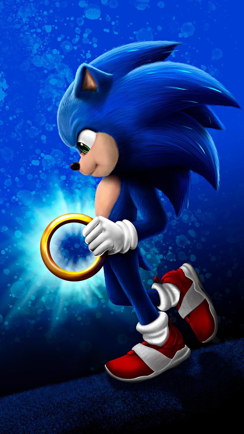 Sonic the Hedgehog sprints forward holding a glowing gold ring against a bokeh-filled bright blue backdrop.