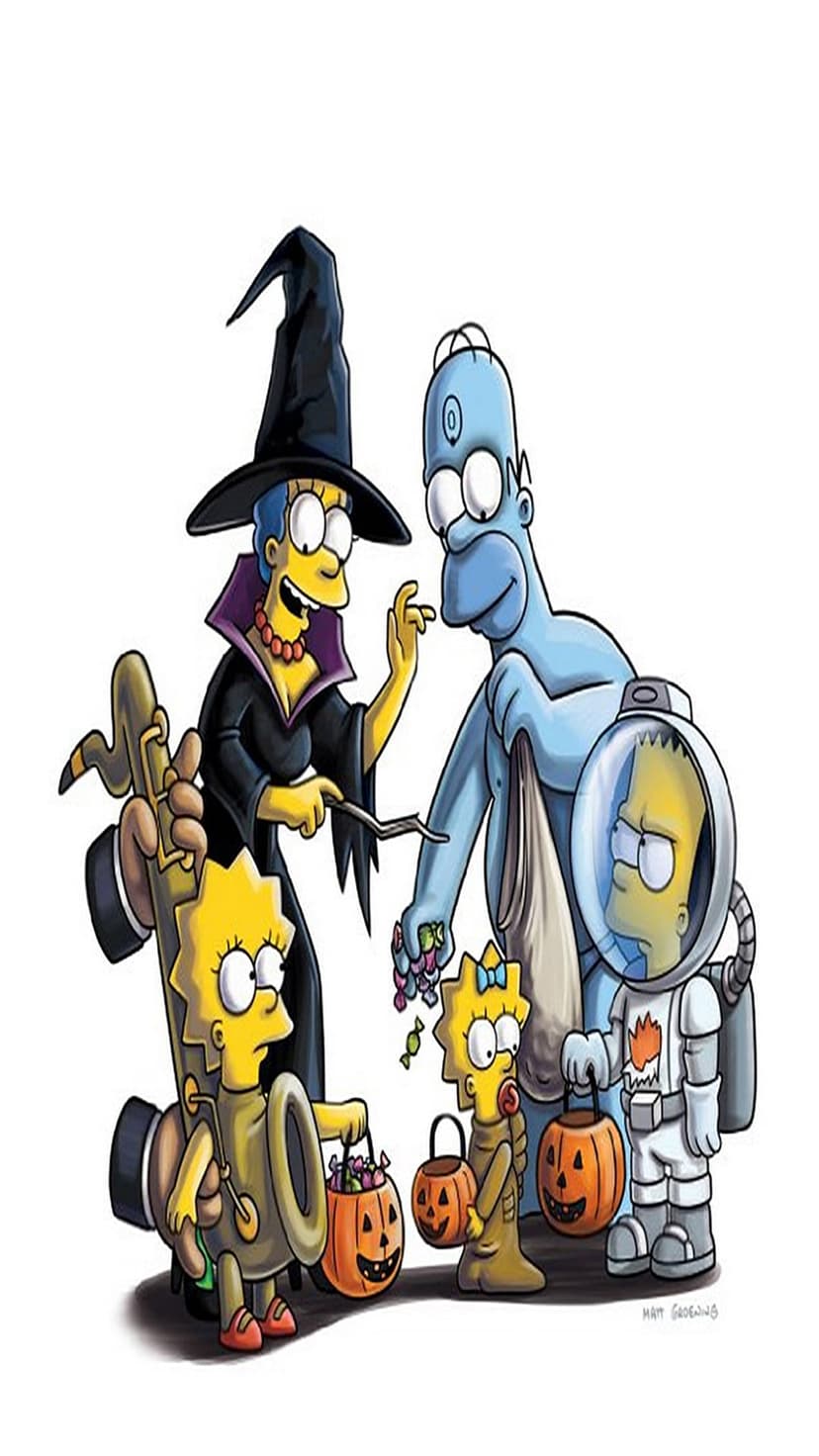 Marge as a witch and Homer as a blue alien lead the Simpson family trick-or-treating with festive candy buckets.