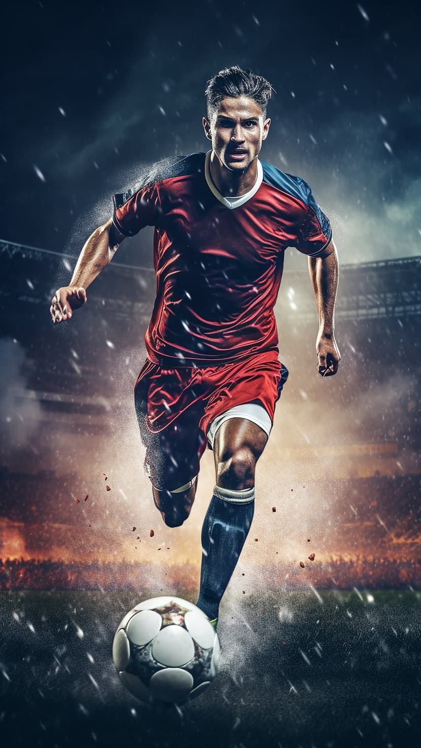Soccer player in a red and blue uniform dribbles a ball through falling confetti in a blurred football stadium.