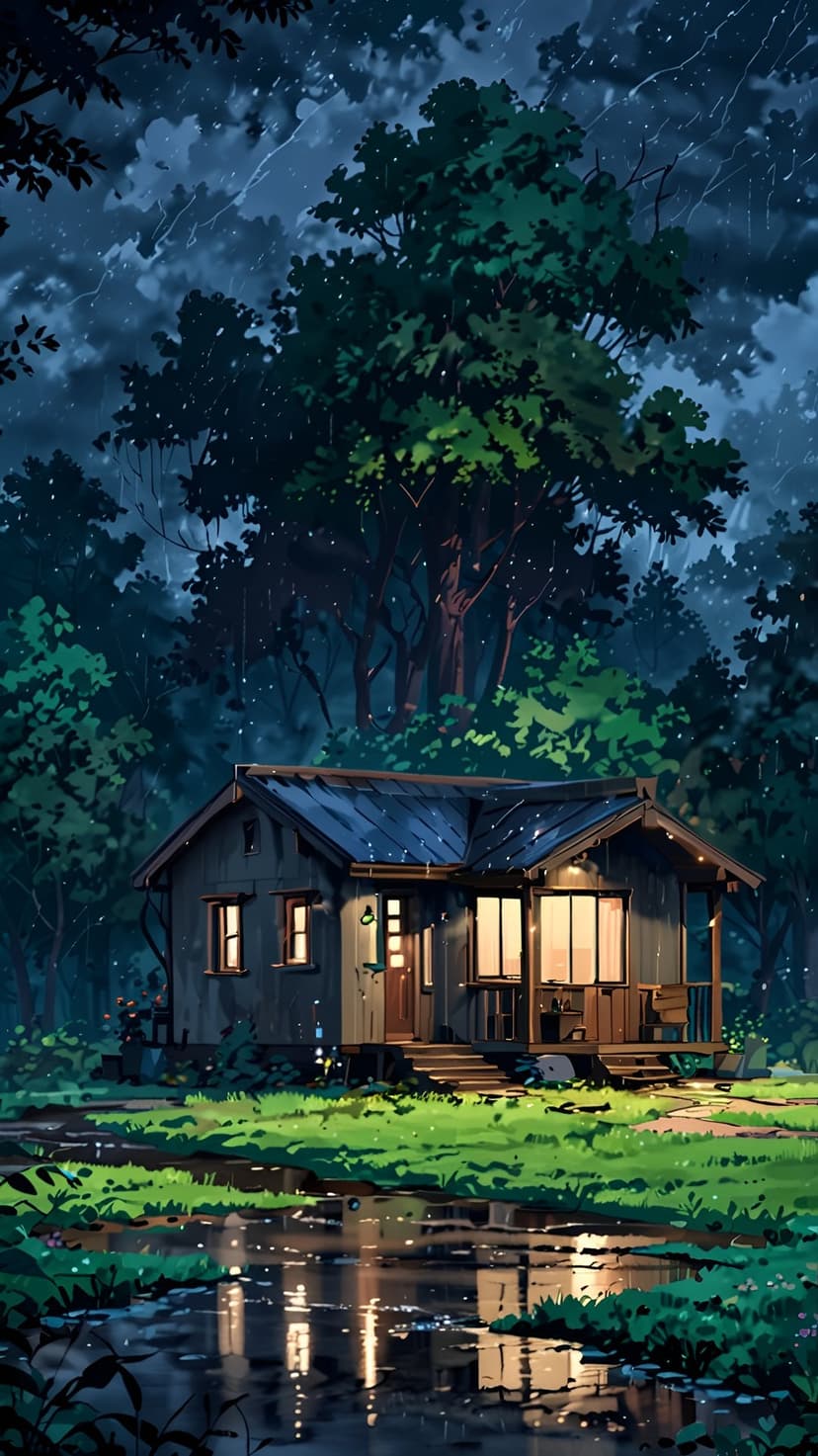 Small cottage with lit windows glows in a dark rainy forest with water reflections on the wet ground.