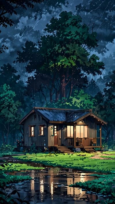 Rainy Forest Cabin Glowing at Night Phone Wallpaper