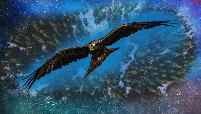 Eagle with wide wingspan soaring through a purple galaxy swirl and dark silhouettes of coniferous pine trees.