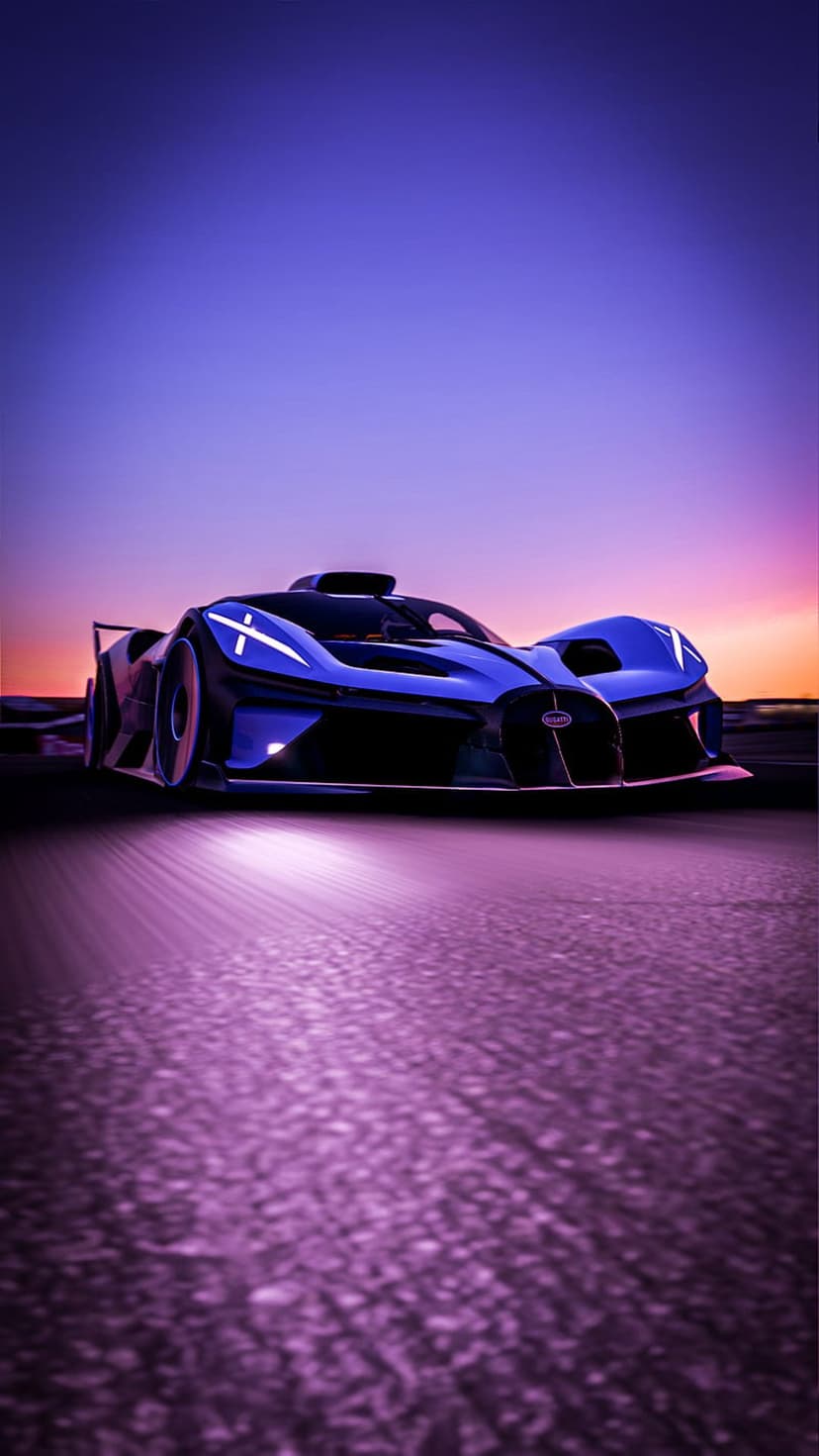 Bugatti Bolide hypercar with glowing blue lights on wet asphalt under a purple and orange twilight sky.