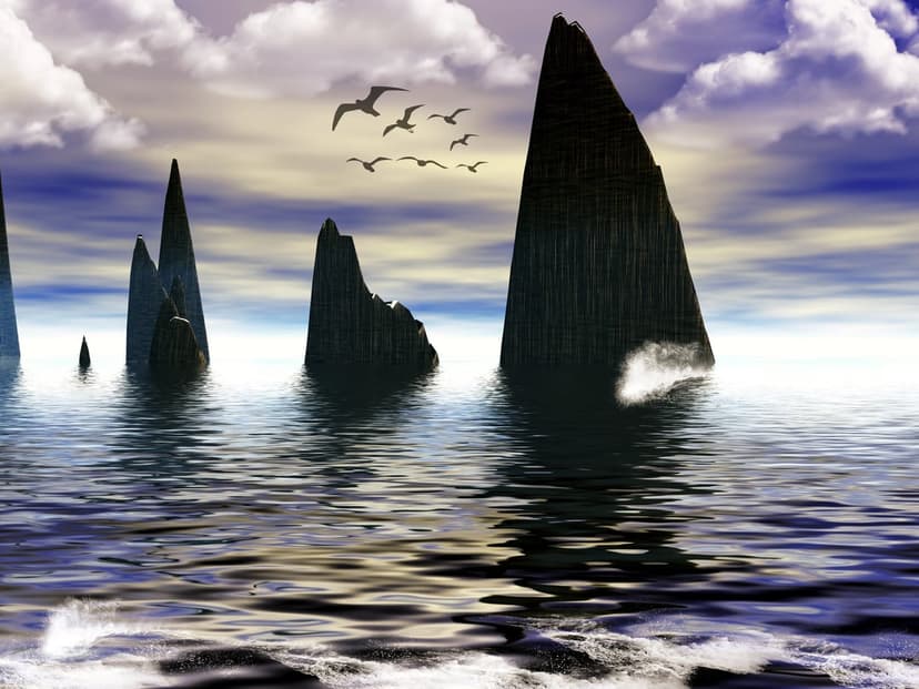 Dark sea stacks rise from a reflective indigo ocean beneath swirling purple clouds and a flock of flying birds.