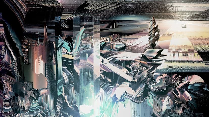 Fragmented neon skyscrapers rise through colorful digital glitch effects and distorted technological geometry.