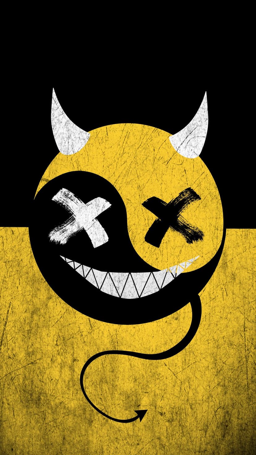 Yellow devil face with white horns, sharp teeth, and yin yang eyes on a distressed black and gold background.