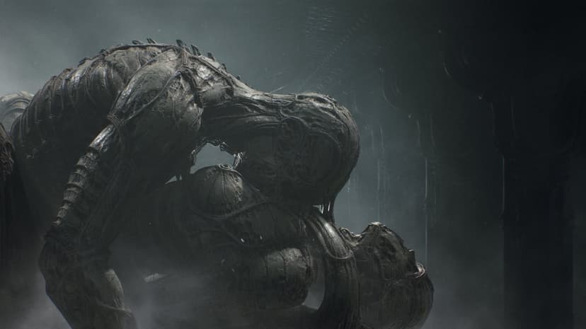Dark biomechanical creature with skeletal textures and veined skin in a foggy, atmospheric landscape.