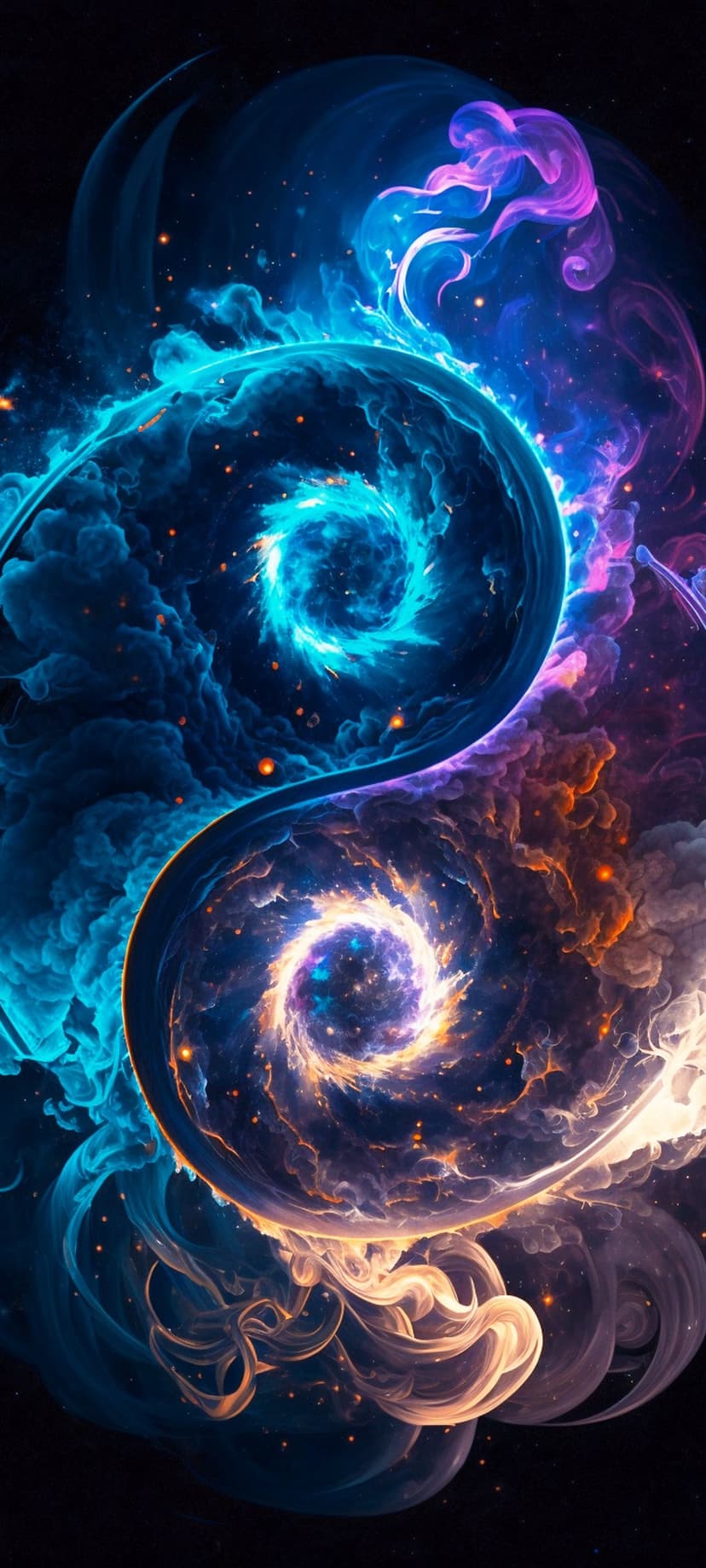 Yin Yang nebula composed of blue and orange swirling stardust and galaxies set against a dark space background.