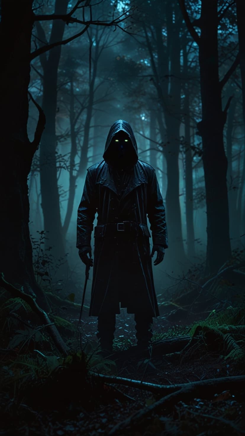 Hooded figure with glowing eyes stands amidst thick fog and skeletal trees in a dark supernatural forest setting.