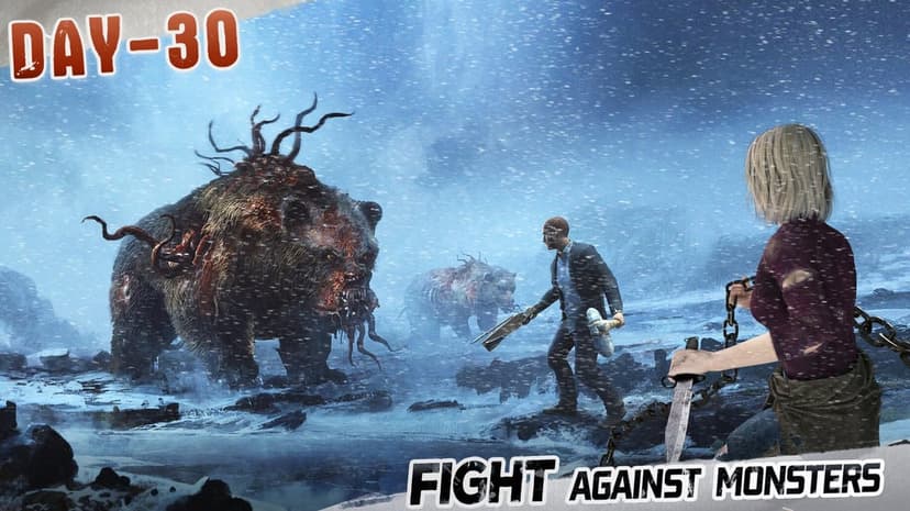 Survivors fighting massive mutated bears with tentacles in a snowy, blue-toned post-apocalyptic blizzard landscape.