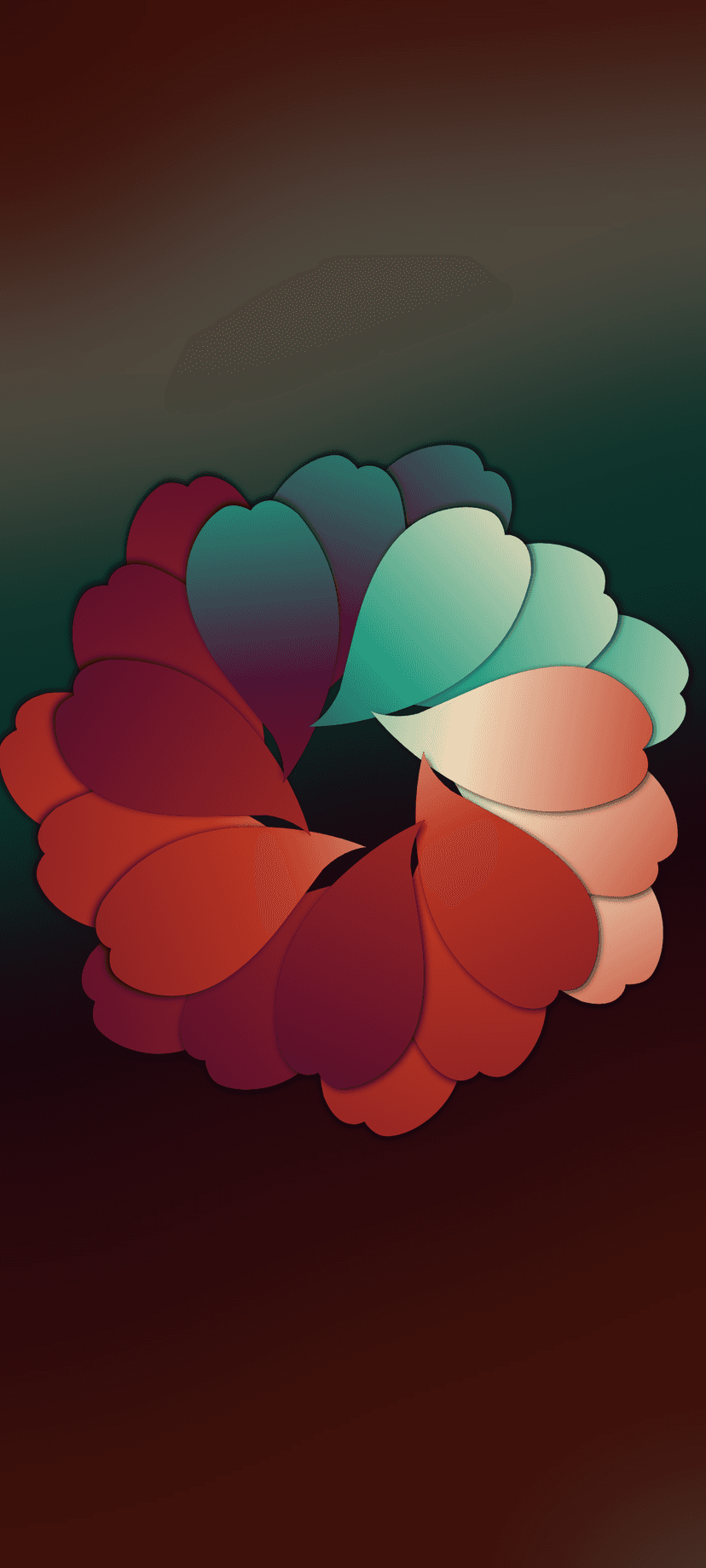Burgundy and teal petals form a circular bloom over a dark textured backdrop in a vertical portrait orientation.