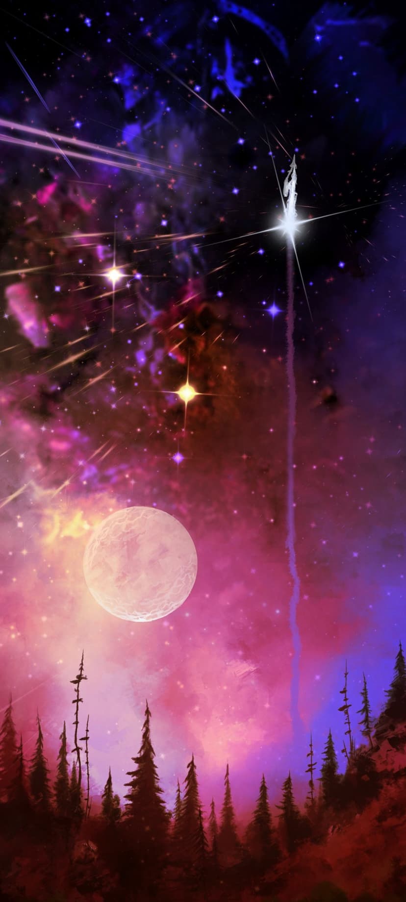 Pine tree silhouettes stand beneath a large glowing moon and vibrant purple nebula clouds with light streaks.