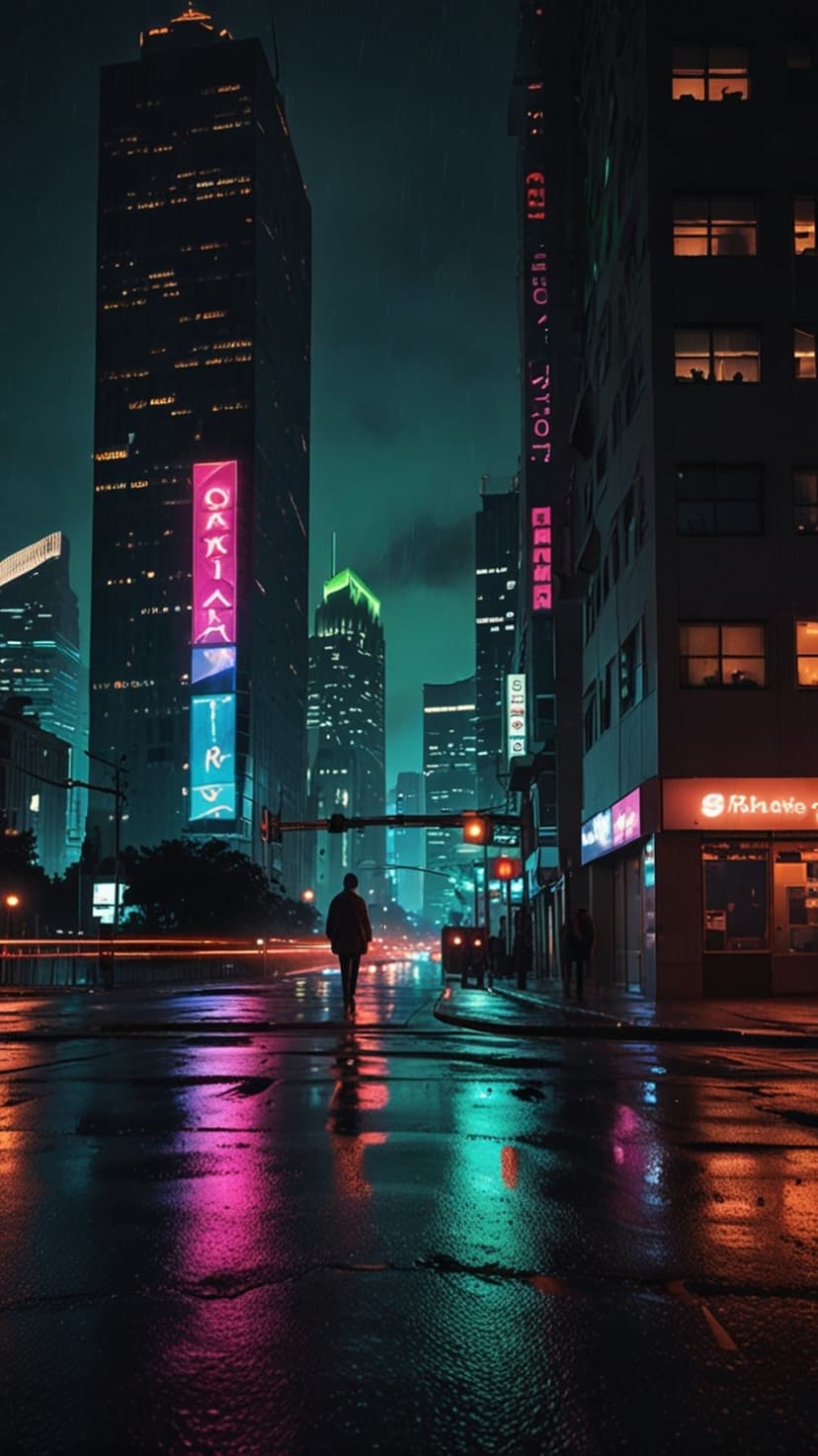 Hooded figure walking on a wet city street flanked by skyscrapers with glowing pink and blue neon signs.
