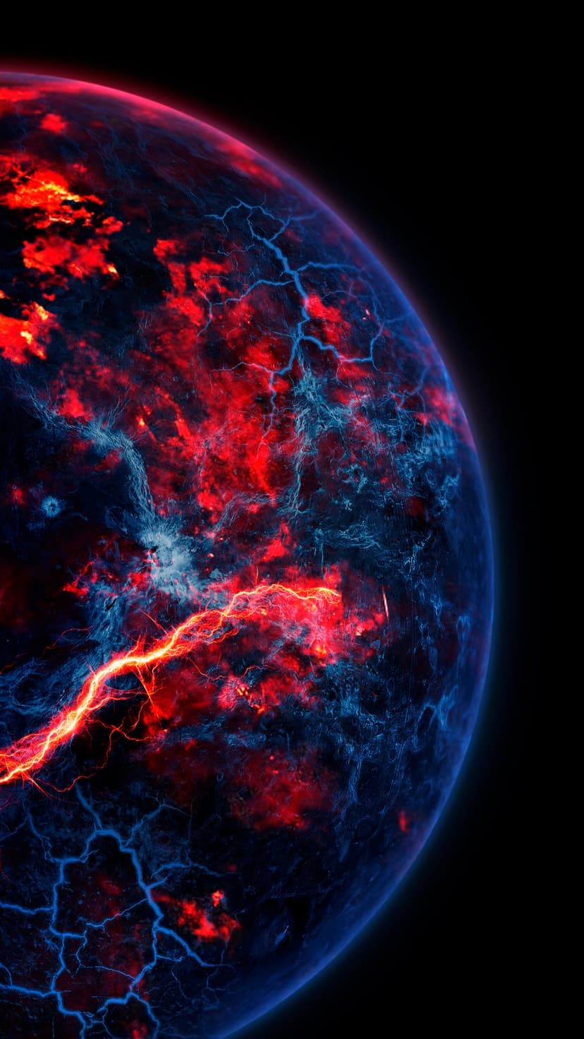 Molten alien planet with radiant orange lava rivers and neon blue glowing fissures against dark outer space.