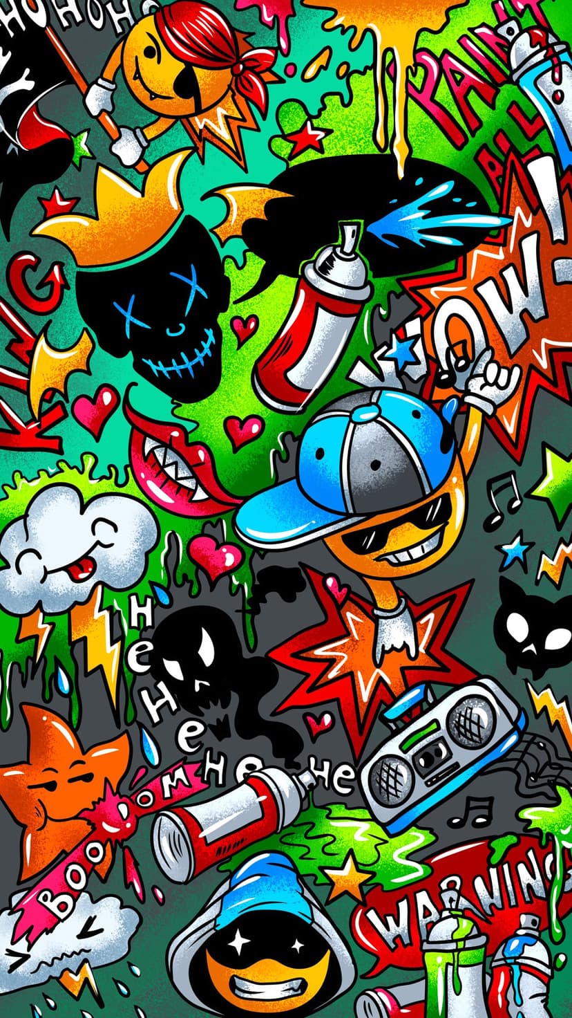 Spray cans and dripping emojis among neon yellow warning signs and street art typography on a textured wall.