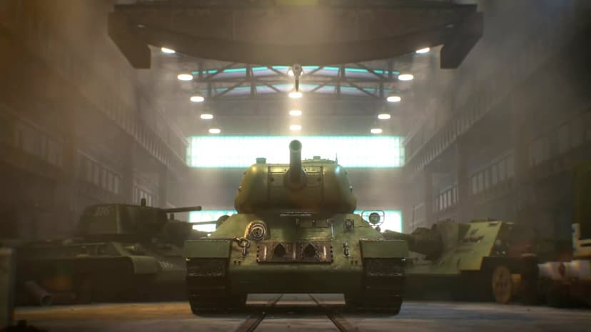 Green Soviet T-34 tank centered in a smoky industrial hangar with volumetric lighting and repair tracks.