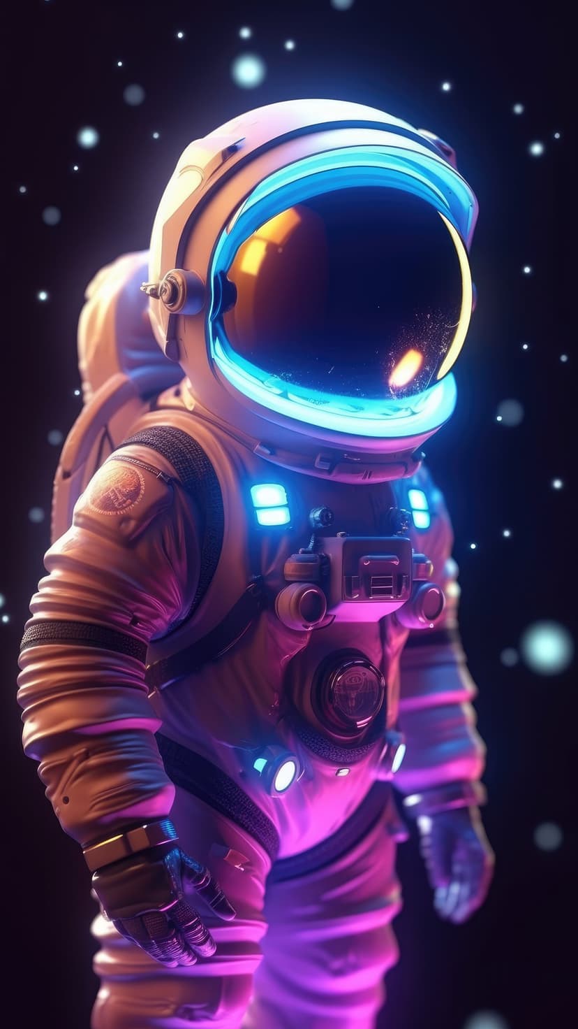 Astronaut in a glowing neon suit with a reflective visor stands before a dark starlit cosmic nebula background.