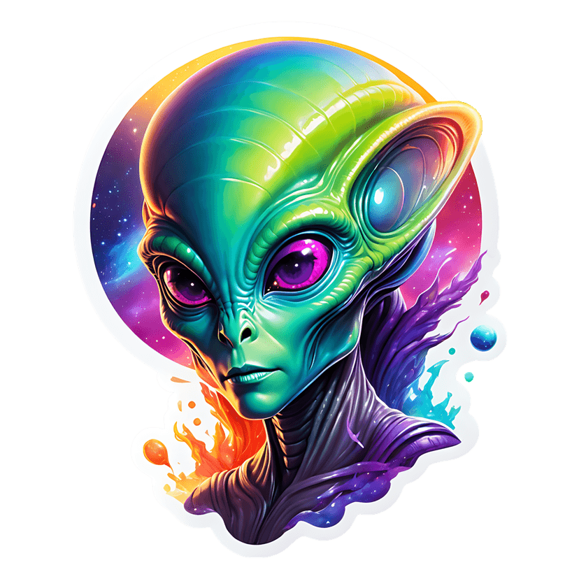 Extraterrestrial alien head with iridescent green skin and purple eyes set against a circular nebula background.