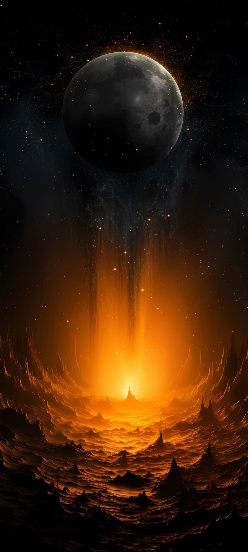 Dark cratered moon emitting orange light beams over a jagged volcanic landscape with glowing magma rivers.