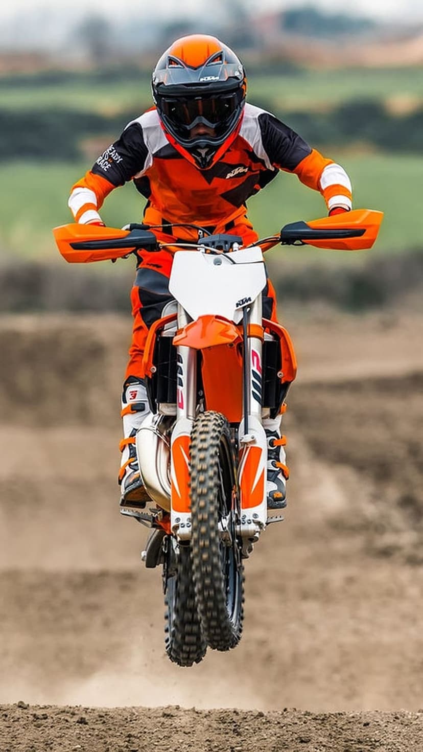 KTM dirt bike rider performs a high-altitude jump over a muddy track with a blurred natural background.