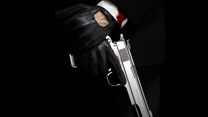 Black leather gloved hands holding a silver handgun against a dark background with a bloodstained white shirt cuff.