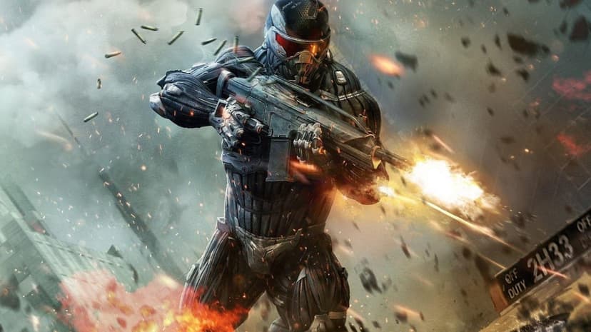 Futuristic soldier in a black Nanosuit fires a rifle with muzzle flash and flying shell casings in a war zone.