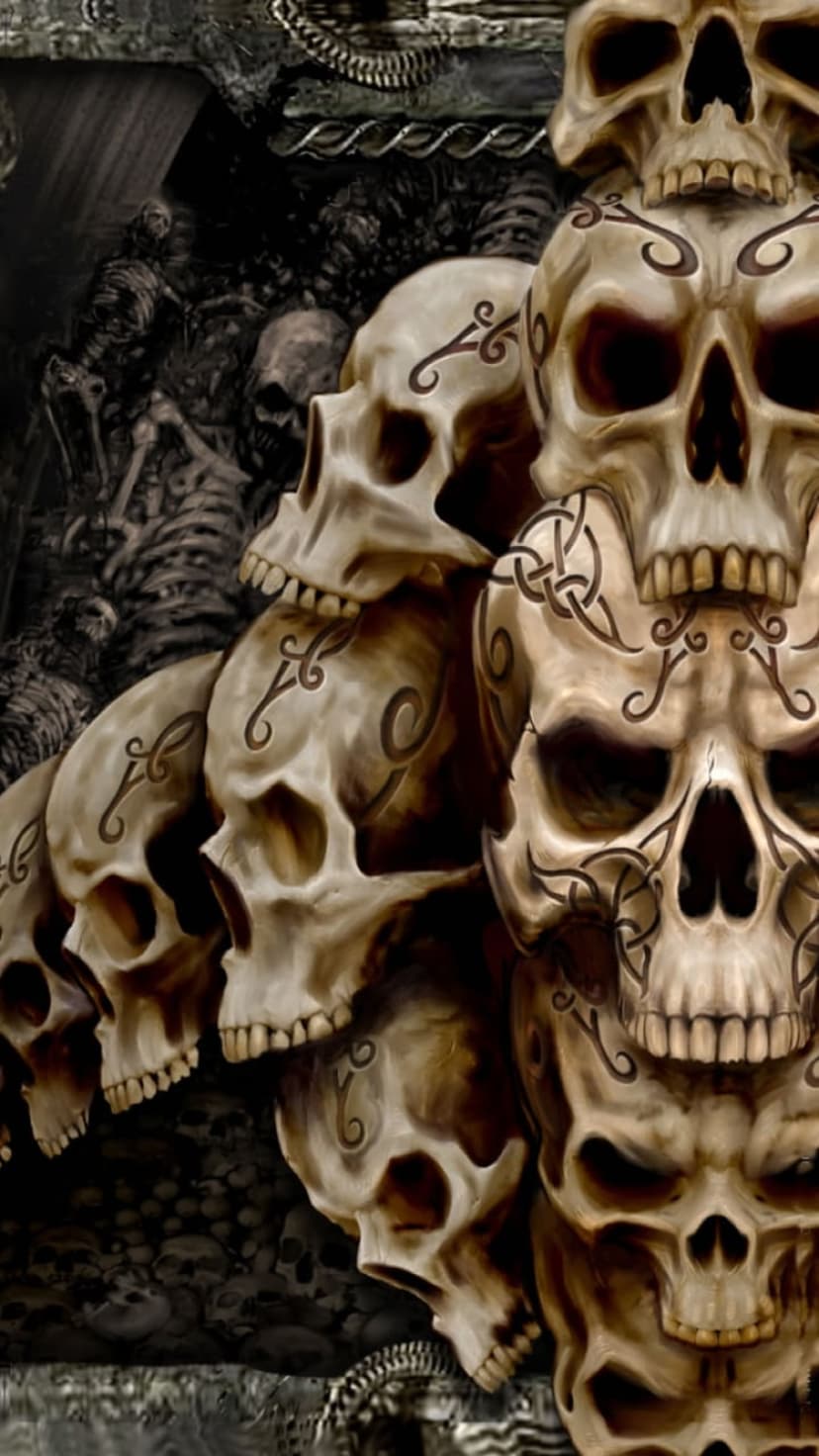 Weathered human skulls stacked vertically featuring intricate Celtic carvings and deep shadows in the eye sockets.