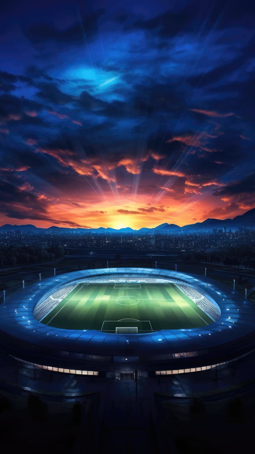 Modern soccer stadium with a glowing green field sits under a dramatic orange and blue sunset with dark clouds.
