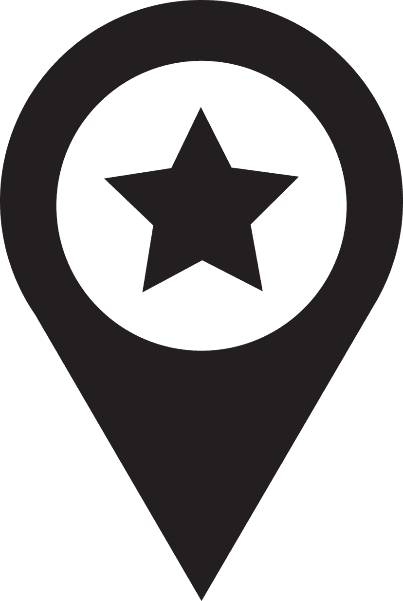 Star location pin icon features a black teardrop silhouette with a white star cutout against a plain background.