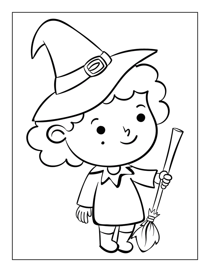 Witch broomstick coloring page featuring a female character wearing a pointed hat in a clean black outline style.