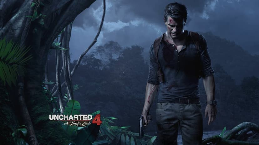 Nathan Drake with blood on his face and shirt holds a pistol in a dark, moonlit tropical jungle setting.