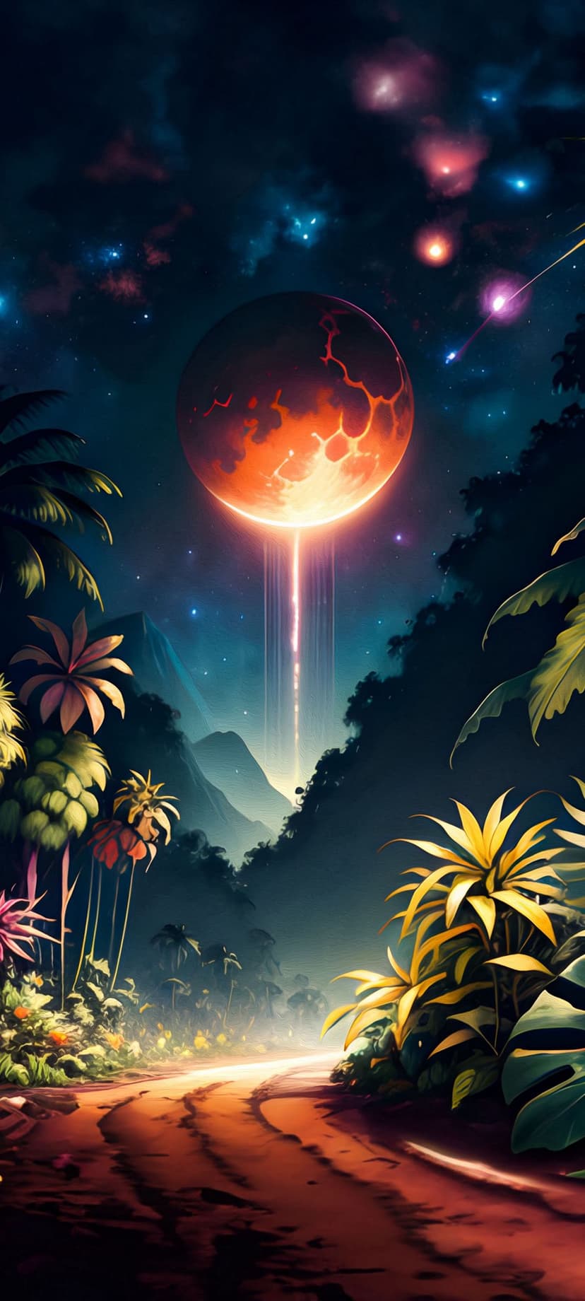 Cracked orange moon emitting light beams over a purple misty jungle with jagged mountains and exotic leaves.