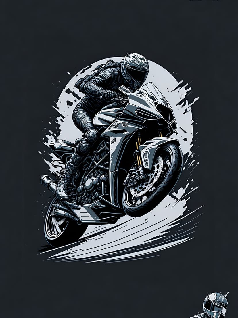 Motorcyclist in racing gear leans through a sharp corner with dramatic black splatters and energetic motion lines.