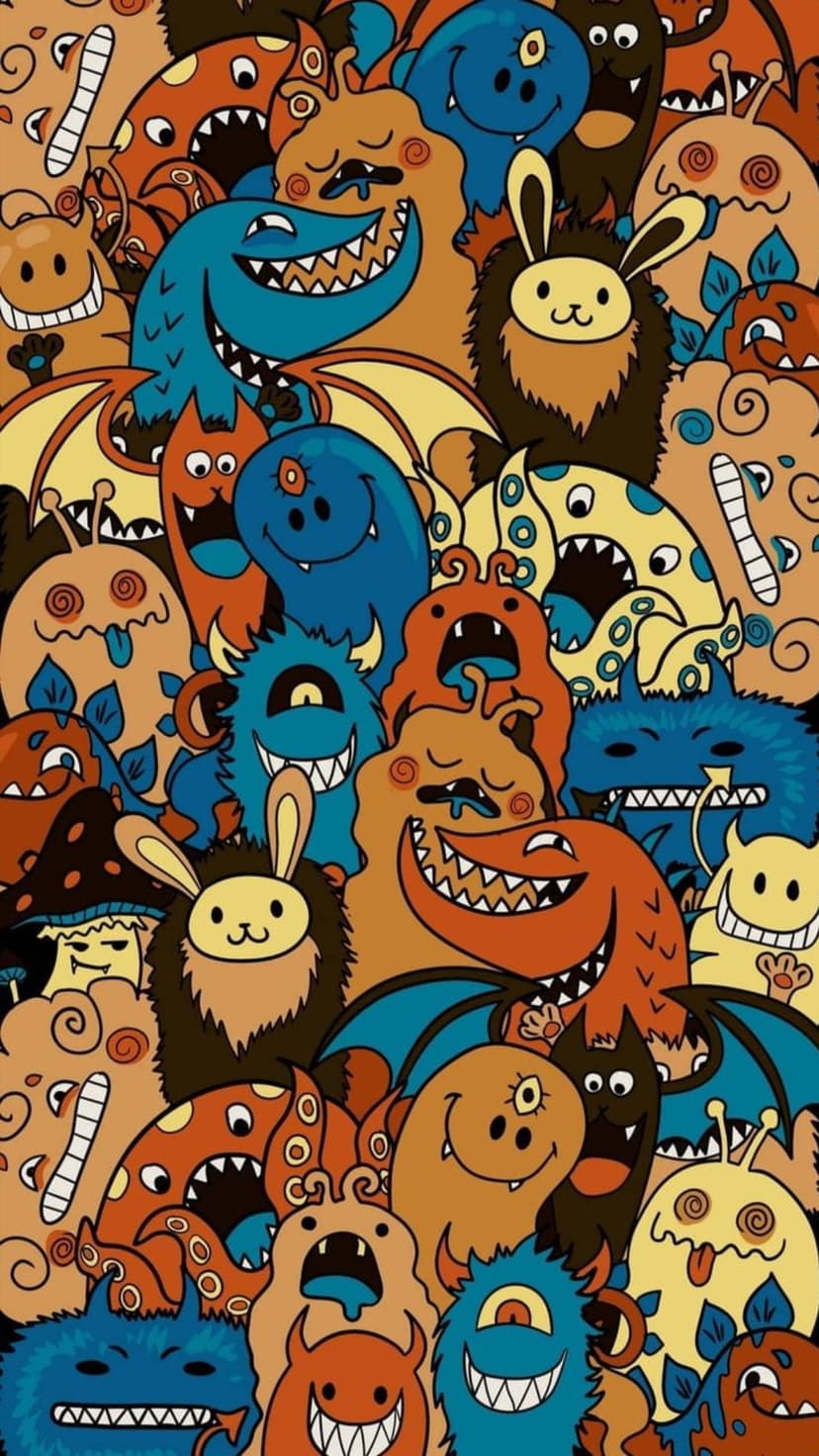 Crowded cartoon monsters with expressive faces and bold outlines create a colorful, dense doodle art pattern.
