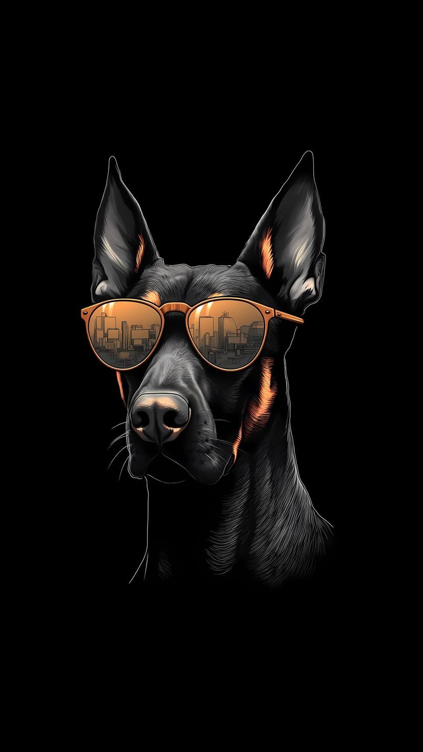 Black Doberman wearing copper sunglasses reflecting a night cityscape with bright neon lights and skyscrapers.