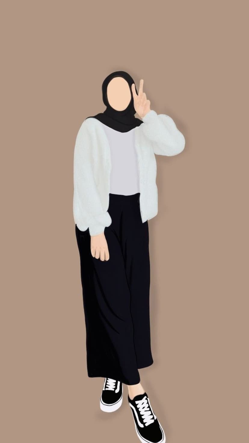 Young woman in a black hijab and white fuzzy cardigan making a peace sign against a solid brown backdrop.
