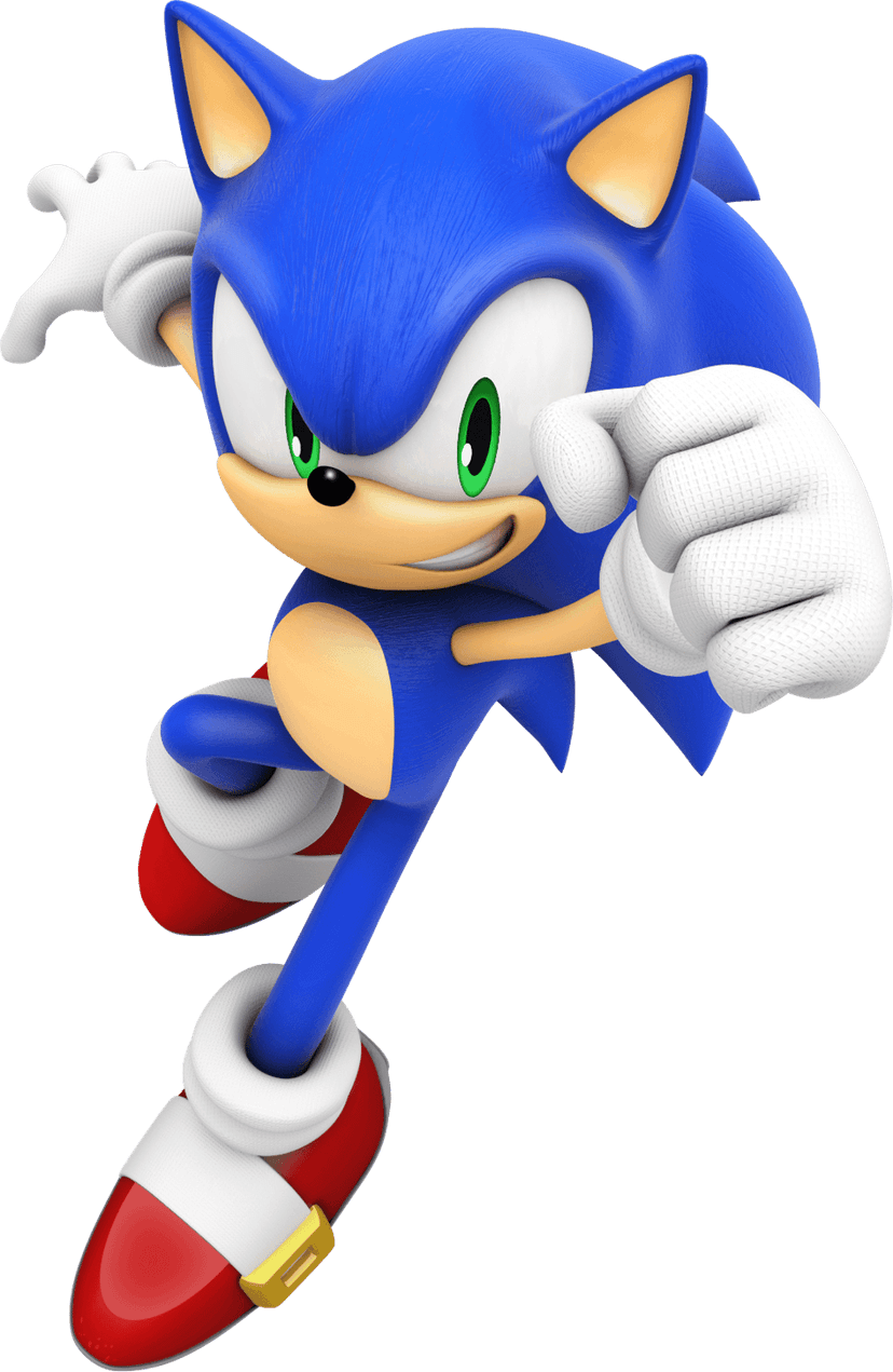 Blue Sonic hedgehog character in a dynamic running pose featuring red sneakers and white gloves on transparent.