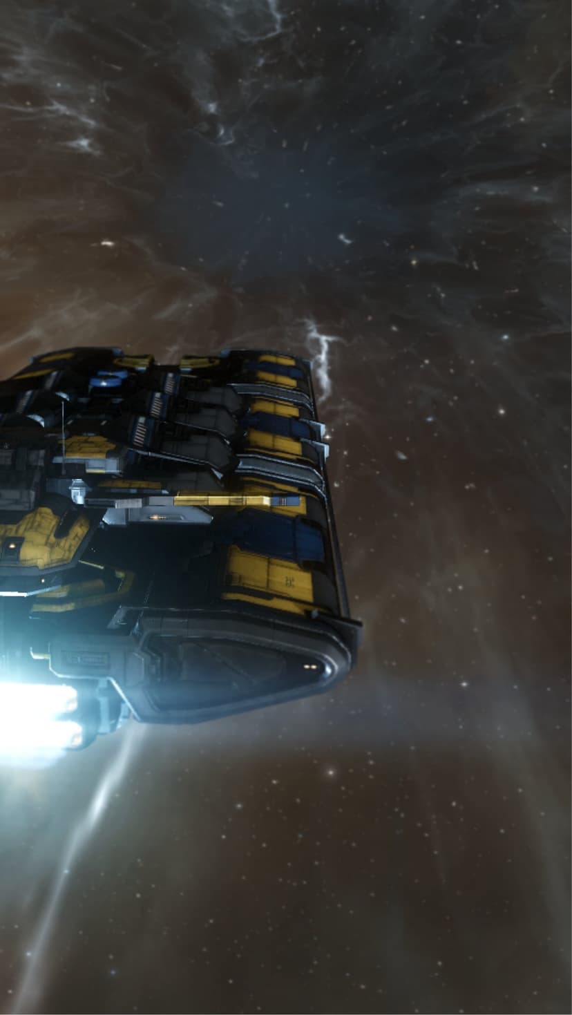 Yellow and blue industrial spaceship drifting past a dark brown nebula with glowing white engine thrusters.