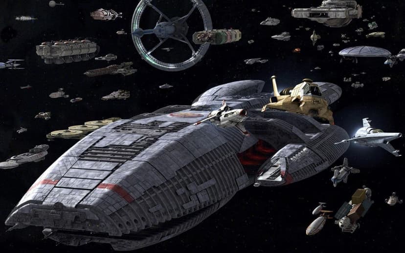 Battlestar Galactica leading a fleet of starships and Vipers across a dark, star-filled space background.
