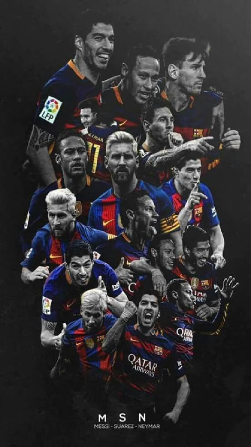 Lionel Messi, Luis Suarez, and Neymar stand together wearing blue and red striped Barcelona football jerseys.