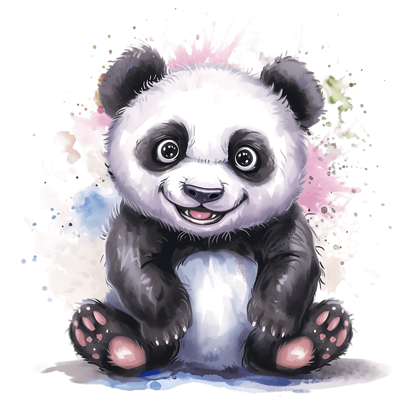 Watercolor panda bear sitting inside vibrant pink and blue paint splashes on a solid black background.