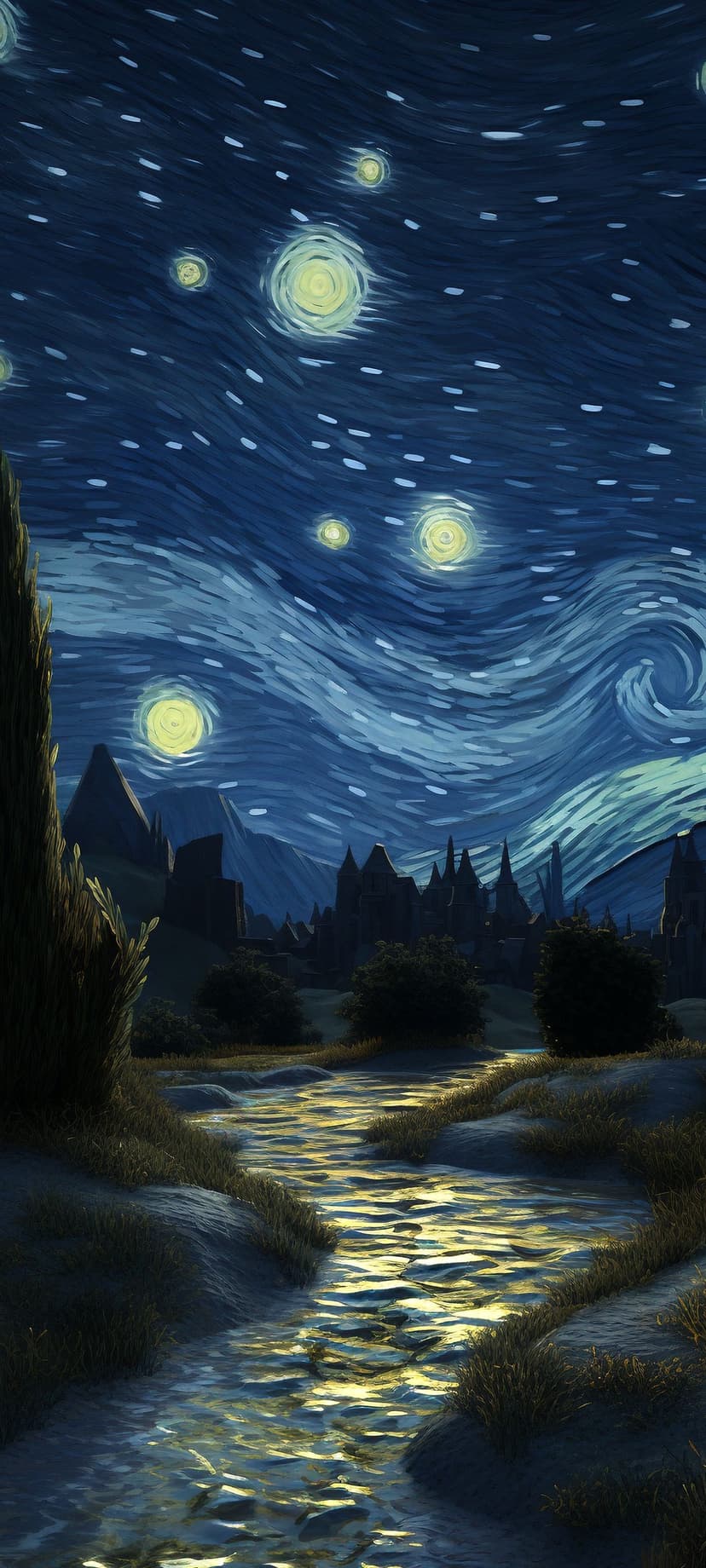 Vibrant celestial swirls illuminate a quiet valley and village, mirrored in a glowing waterway after dusk.