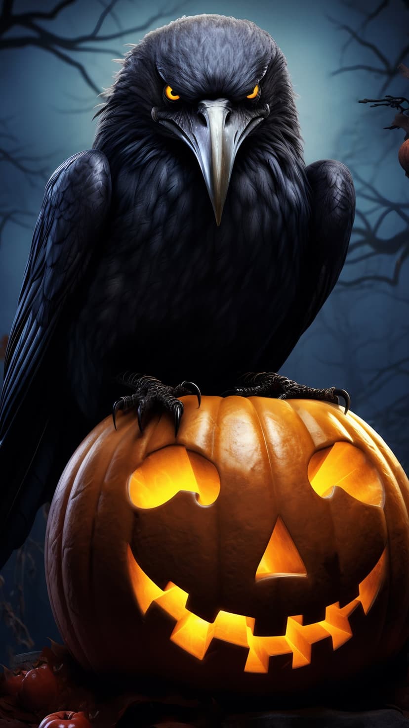 Black crow with glowing orange eyes perched on a carved jack-o-lantern in a misty, dark forest at night.
