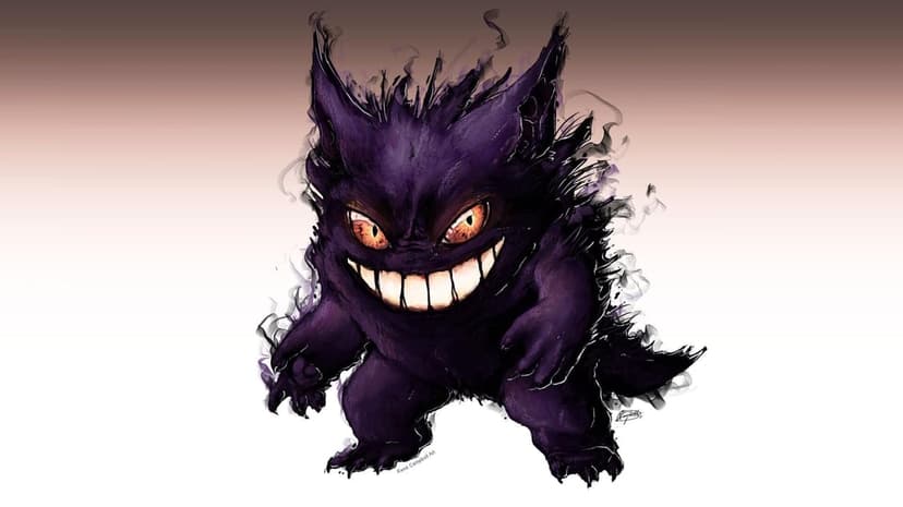 Grinning Gengar ghost Pokémon with glowing orange eyes and dark purple shadowy fur on a light gradient background.