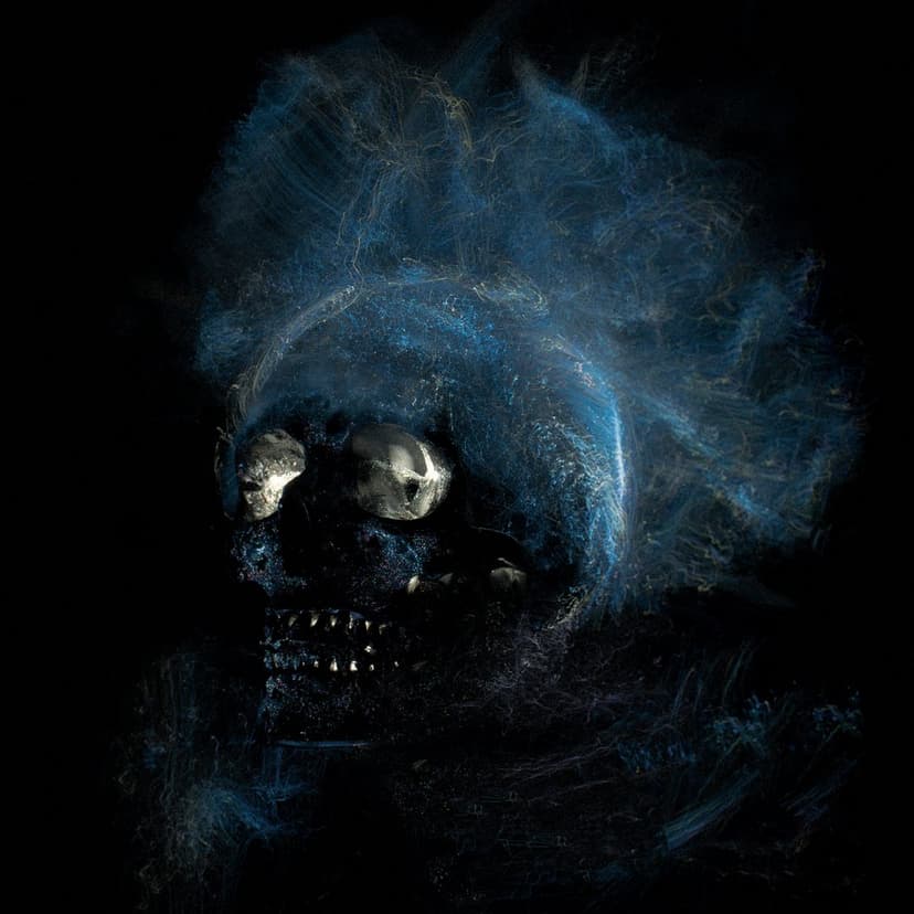 Luminous blue skeletal skull emitting swirling spectral energy trails and wisps against a deep black background.