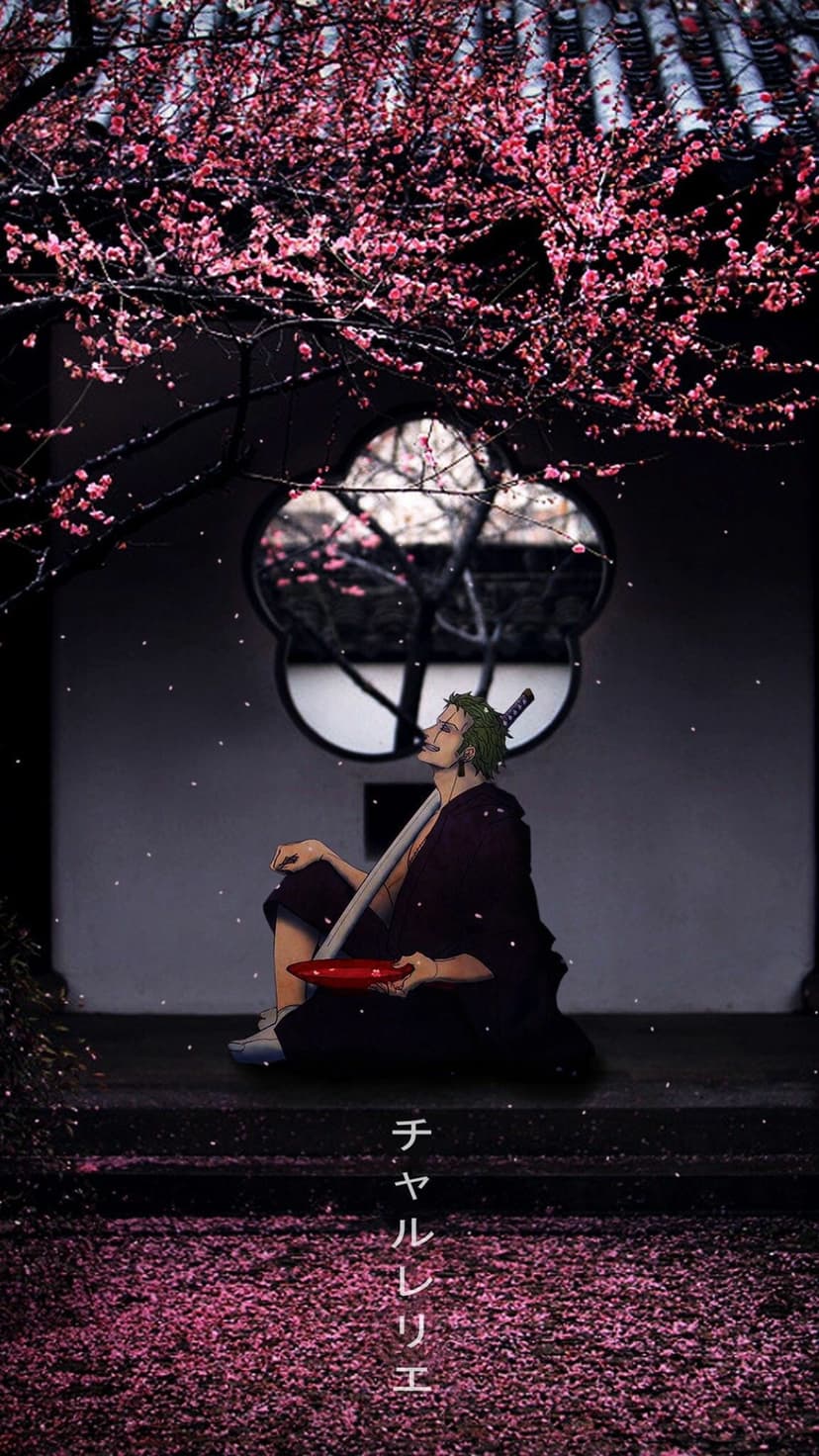 Roronoa Zoro rests in a zen garden with blooming cherry blossoms and petals scattered on the lush green grass.