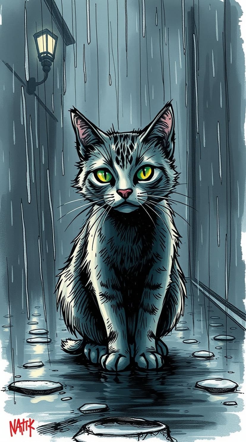 Tabby cat with bright green eyes sits on a wet sidewalk during a heavy rainstorm under a glowing streetlight.