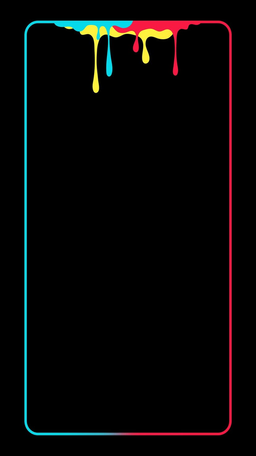 Luminous cyan and pink paint droplets cascade from a glowing upper border on a dark black phone screen backdrop.