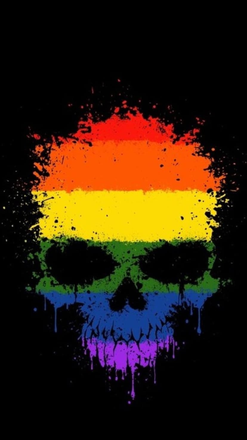 Rainbow skull silhouette features dripping multicolored paint splatters against a solid black background.